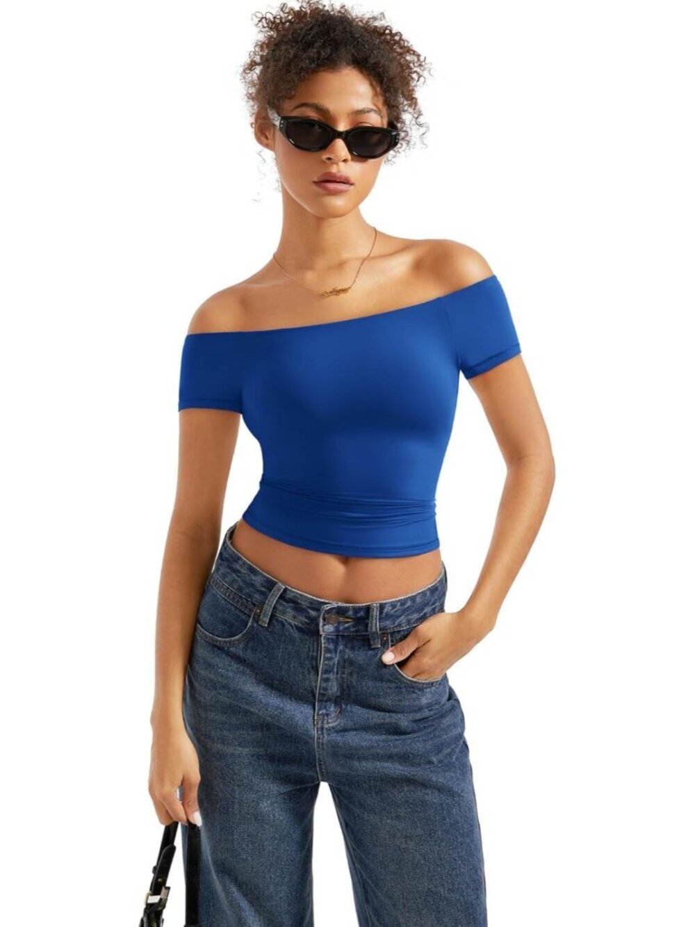 Women's Sapphire Blue Off The Shoulder Double Lined Slim Fit Imported Tops Shirt - Picture 5 of 7